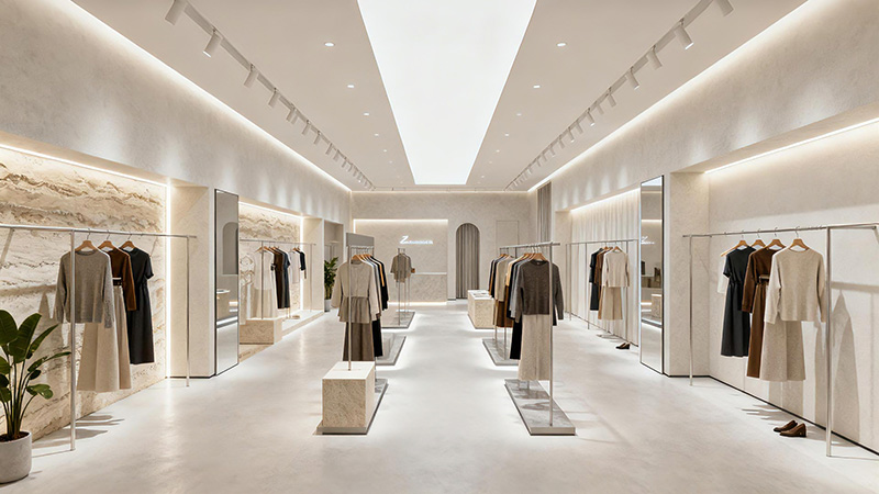 窄長(zhǎng)的服裝店鋪裝修布局設(shè)計(jì)效果圖